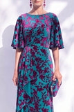 Robe longue marme de la mariée à col batouteau fleuri vert sauge avec une longue robe de mère de la mariée