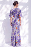 Robe longue marme de la mariée à col batouteau fleuri vert sauge avec une longue robe de mère de la mariée