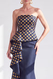 Robe longue de la mère de la mariée à pois dorés à pois bustier