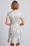 Mini robe de travail bleu clair à col en V fleuri moulant à volants et manches courtes
