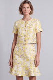 Robe courte de travail courte à fleurs bodycon, col rond et jaune clair