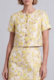 Robe courte de travail courte à fleurs bodycon, col rond et jaune clair