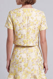 Robe courte de travail courte à fleurs bodycon, col rond et jaune clair