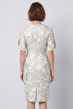 Robe midi midi Bodycon bleu clair à fleurs à col rond avec manches courtes