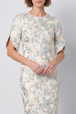 Robe midi midi Bodycon bleu clair à fleurs à col rond avec manches courtes