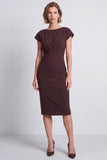 Robe de travail midi marron bodycon à manches rondes à col rond