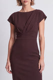 Robe de travail midi marron bodycon à manches rondes à col rond