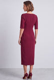 Robe de travail midi midi bodycon à manches courtes à col carré bleu marine avec fente