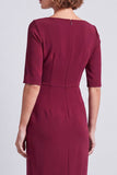 Robe de travail midi midi bodycon à manches courtes à col carré bleu marine avec fente