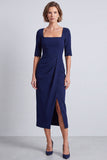 Robe de travail midi midi bodycon à manches courtes à col carré bleu marine avec fente