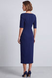 Robe de travail midi midi bodycon à manches courtes à col carré bleu marine avec fente