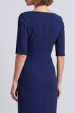 Robe de travail midi midi bodycon à manches courtes à col carré bleu marine avec fente