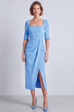 Robe de travail midi midi bodycon à manches courtes à col carré bleu marine avec fente