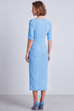 Robe de travail midi midi bodycon à manches courtes à col carré bleu marine avec fente