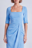 Robe de travail midi midi bodycon à manches courtes à col carré bleu marine avec fente