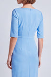 Robe de travail midi midi bodycon à manches courtes à col carré bleu marine avec fente