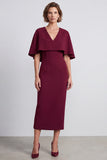 Robe de travail midi Bodycon Bourgogne à col en V avec cape