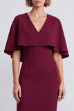 Robe de travail midi Bodycon Bourgogne à col en V avec cape