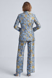 Costumes floraux de bal de promo en bleu poussiéreux à simple boutonnage pointu à boutonnage simple en deux pièces