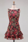 Robe de bal courte moulante à col bateau à étages de fleurs rouges avec volants