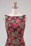 Robe de bal courte moulante à col bateau à étages de fleurs rouges avec volants