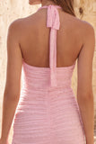 Robe courte de rentrée à la maison à col nu rose, bodycon froncée et perlée