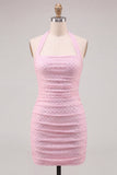 Robe courte de rentrée à la maison à col nu rose, bodycon froncée et perlée