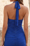 Robe courte de rentrée à la maison à col nu rose, bodycon froncée et perlée