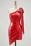 Robe rouge de fin d’année rouge à une épaule, métallique à fronces, asymétrique, avec nœud