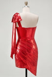 Robe rouge de fin d’année rouge à une épaule, métallique à fronces, asymétrique, avec nœud