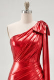 Robe rouge de fin d’année rouge à une épaule, métallique à fronces, asymétrique, avec nœud