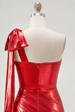 Robe rouge de fin d’année rouge à une épaule, métallique à fronces, asymétrique, avec nœud