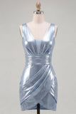 Robe de rentrée courte moulante bleu ciel bleu ciel métallique