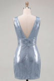 Robe de rentrée courte moulante bleu ciel bleu ciel métallique