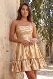 Robe de rentrée courte de rentrée, ligne métallique dorée et fronçée, avec volants