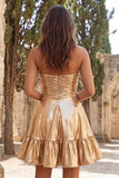 Robe de rentrée courte de rentrée, ligne métallique dorée et fronçée, avec volants