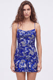 Robe de bal bleue bodycon bretelles fines paillettes perlées avec dentelle dans le dos