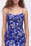 Robe de bal bleue bodycon bretelles fines paillettes perlées avec dentelle dans le dos