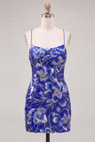 Robe de bal bleue bodycon bretelles fines paillettes perlées avec dentelle dans le dos