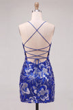 Robe de bal bleue bodycon bretelles fines paillettes perlées avec dentelle dans le dos
