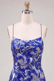 Robe de bal bleue bodycon bretelles fines paillettes perlées avec dentelle dans le dos