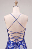 Robe de bal bleue bodycon bretelles fines paillettes perlées avec dentelle dans le dos