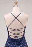 Paiettes A-Line bleu marine Fines bretelles Courte robe de rentrée avec dentelle dans le dos