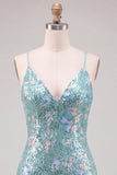 Robe de rentrée Bodycon Sequins verts scintillants Straps fines Lacet dans le dos