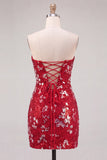 Robe courte de rentrée rouge scintillante à sequins bodycon, courte des années 80