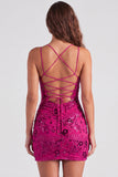 Robe courte courte de rentrée à fûts bodycon en dentelle en lacets dans le dos avec des paillettes