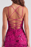 Robe courte courte de rentrée à fûts bodycon en dentelle en lacets dans le dos avec des paillettes