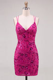 Robe courte courte de rentrée à fûts bodycon en dentelle en lacets dans le dos avec des paillettes