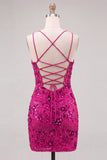 Robe courte courte de rentrée à fûts bodycon en dentelle en lacets dans le dos avec des paillettes