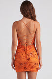 Robe courte courte de rentrée à fûts bodycon en dentelle en lacets dans le dos avec des paillettes